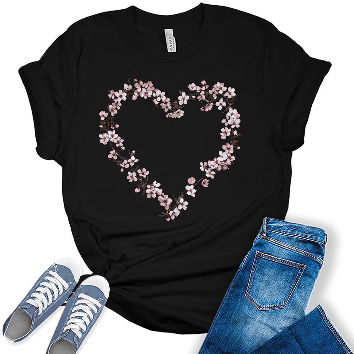 Womens Floral Shirts Cherry Blossom Heart Graphic Tees Spring Cottagecore T Shirts Bella Summer Tops
