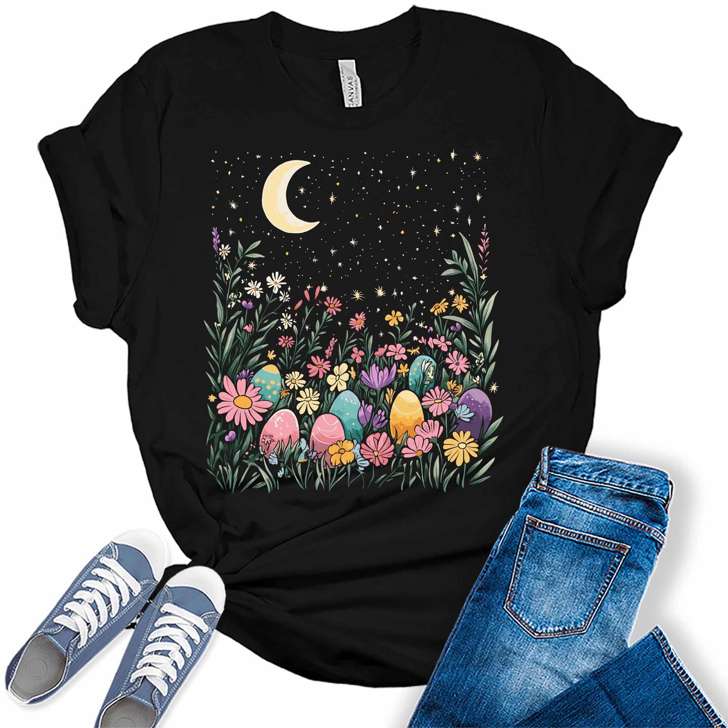 Women's Floral Easter Egg Shirts Flower Moon And Stars Night Sky Graphic Tees