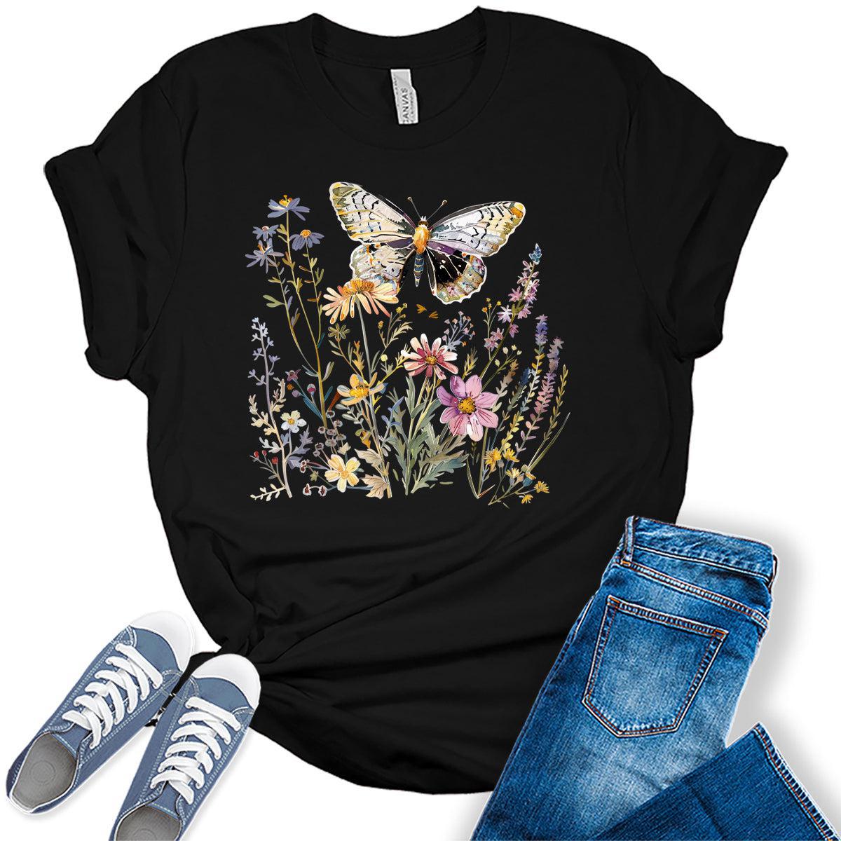 Women's Vintage Floral T Shirt Boho Wildflower Butterfly Graphic Plus Size Bella Tees Short Sleeve Casual Tops