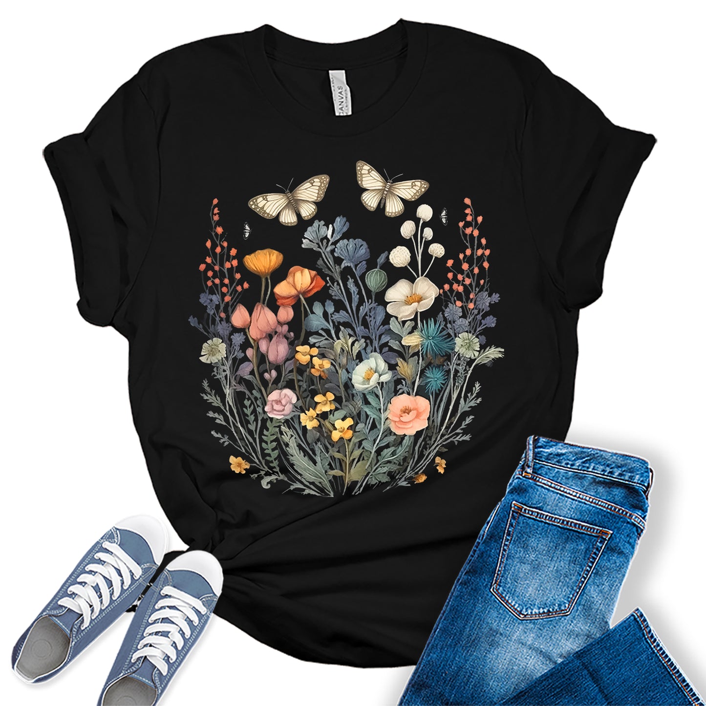 Women's Vintage Floral T Shirt Boho Wildflower Butterfly Cottagecore Graphic Tees Short Sleeve Casual Tops