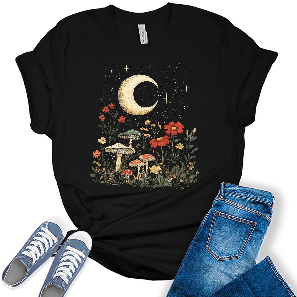 Womens Floral Shirts Wildflower Vintage Mushroom Graphic Tees Spring Short Sleeve Cottagecore T Shirts Bella Summer Tops