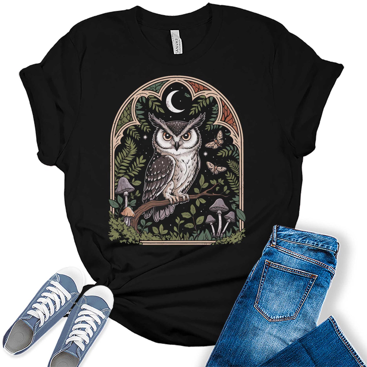 Womens Owl Mushroom Moon Graphic Tees Spring Moth Cottagecore T Shirts Bella Summer Tops