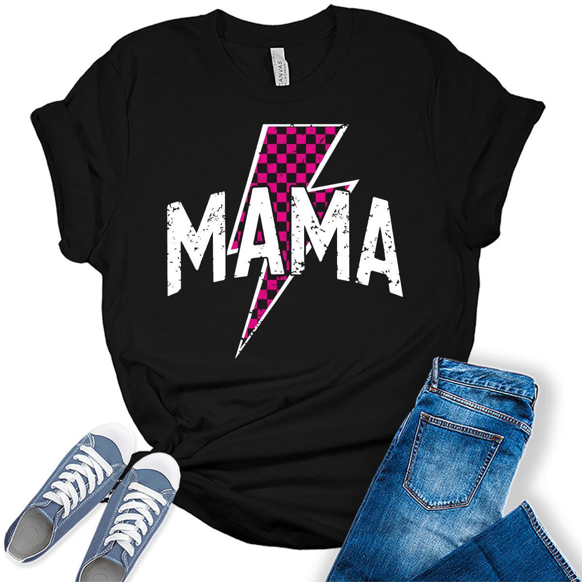 Women's Mama Shirt Lightning Bolt Checkered Varsity Mom Women Mother's Day T-Shirt Casual Graphic Tees Bella Plus Sized Tops