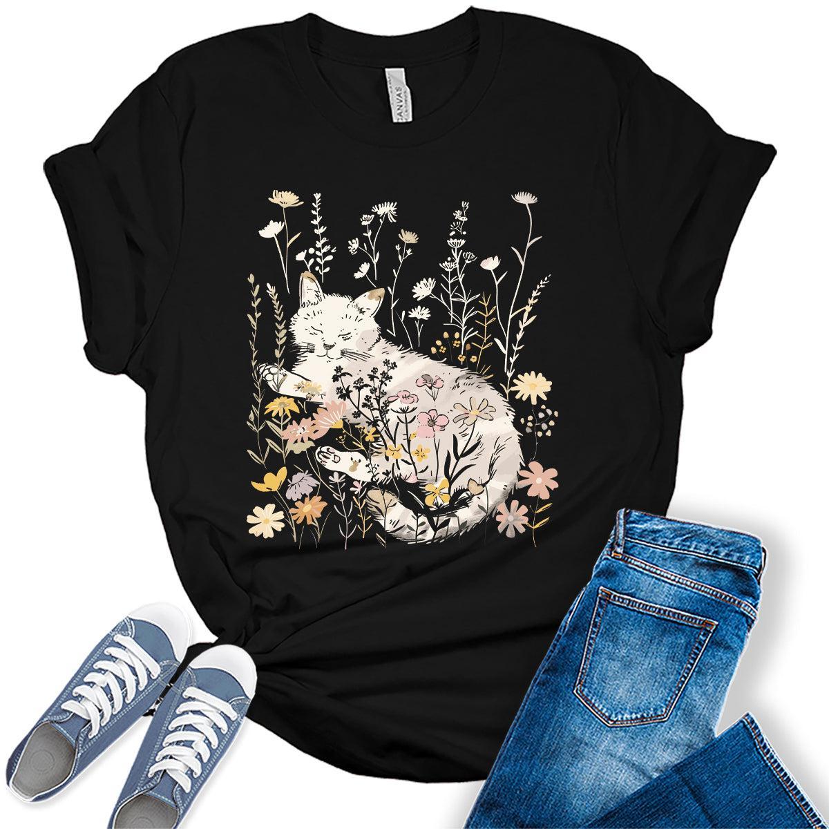 Women's Cat Shirt Wildflower Vintage Casual Graphic Tees Bella Plus Sized Tops