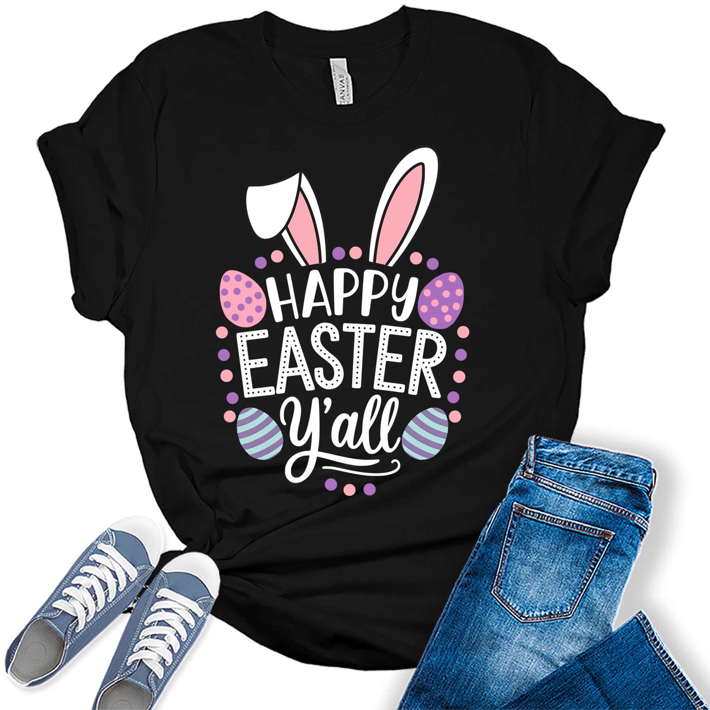 Women's Happy Easter Y'all Cute Bunny Trendy Casual Graphic Tees Bella Plus Sized Tops