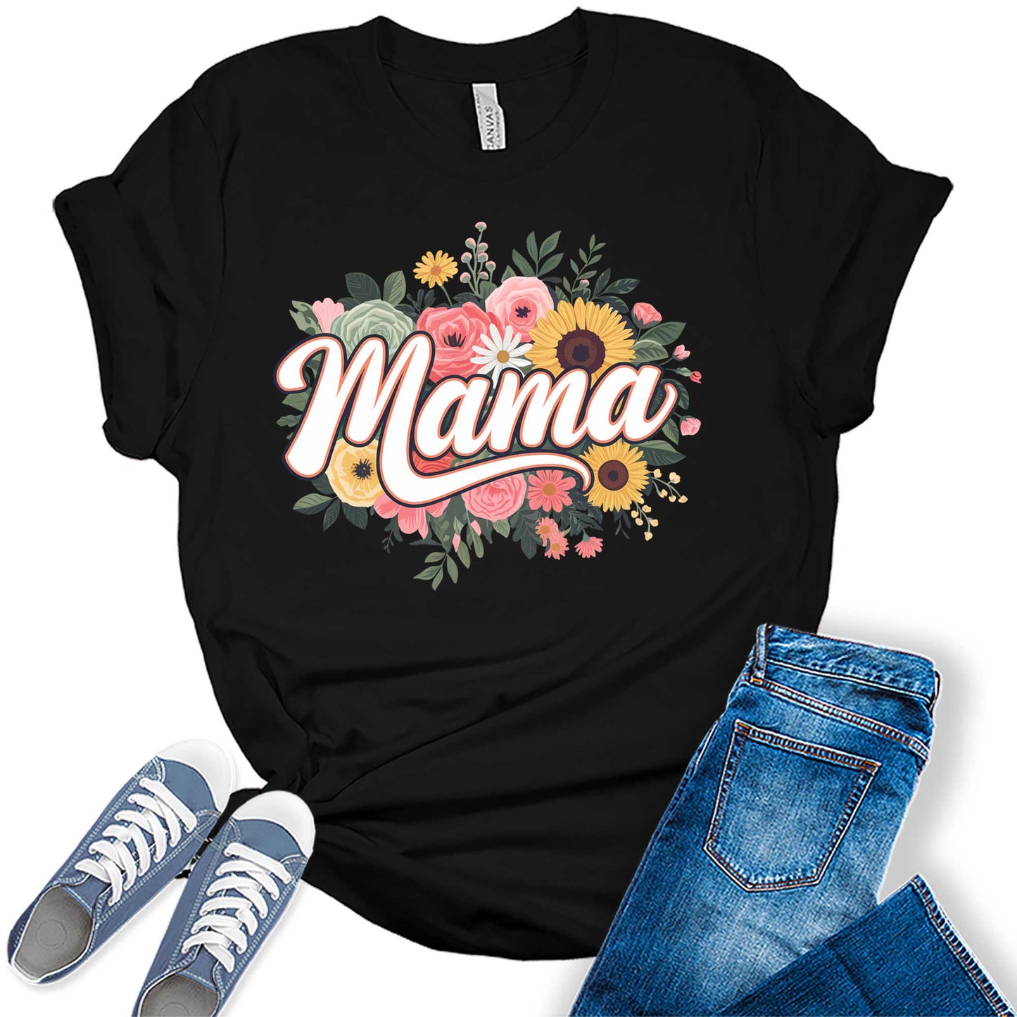 Women's Retro Mama Floral Casual Graphic Tees Bella Plus Sized Tops