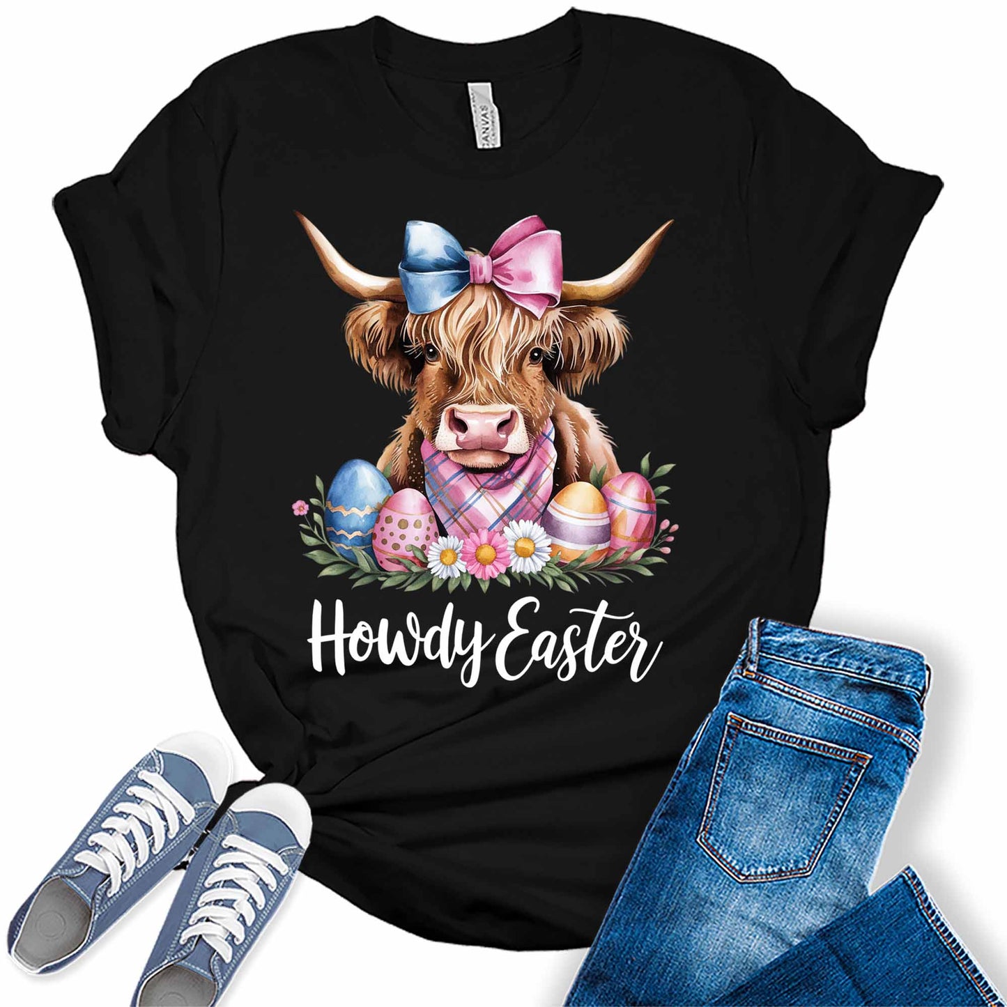Women's Highland Cow Howdy Easter Shirt Cute Trendy Casual Graphic Tees Bella Plus Sized Tops