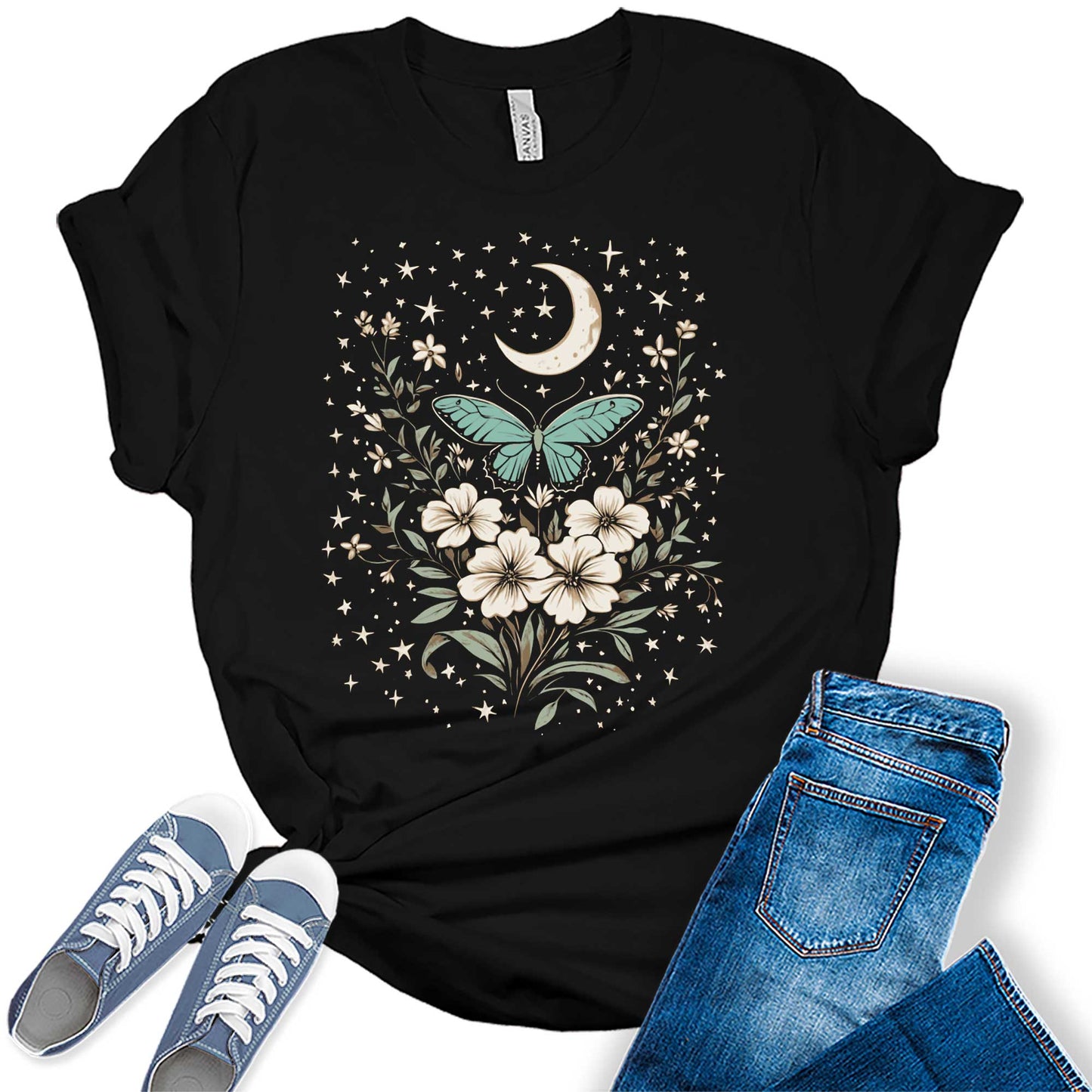 Womens Floral Shirts Flower Vintage Moth Moon Stars Graphic Tees Spring Cottagecore T Shirts Bella Summer Tops