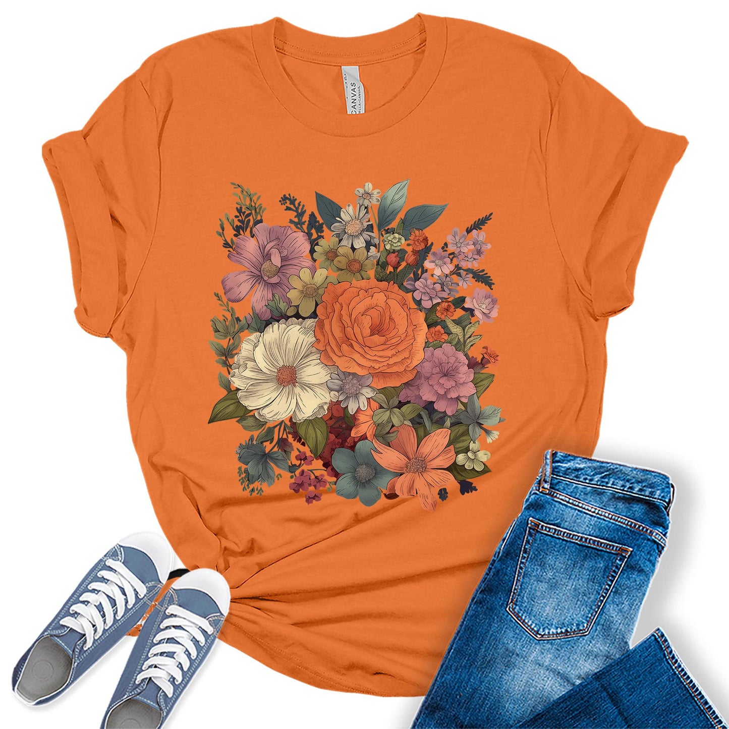 Women's Vintage Floral Fall T Shirt Boho Wildflower Cottagecore Graphic Tees Short Sleeve Casual Tops