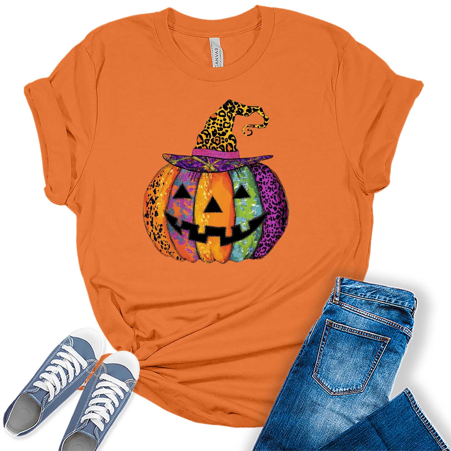 Women's Halloween Jack-O-Lantern Leopard Print Witch Hat Pumpkin Graphic Tees