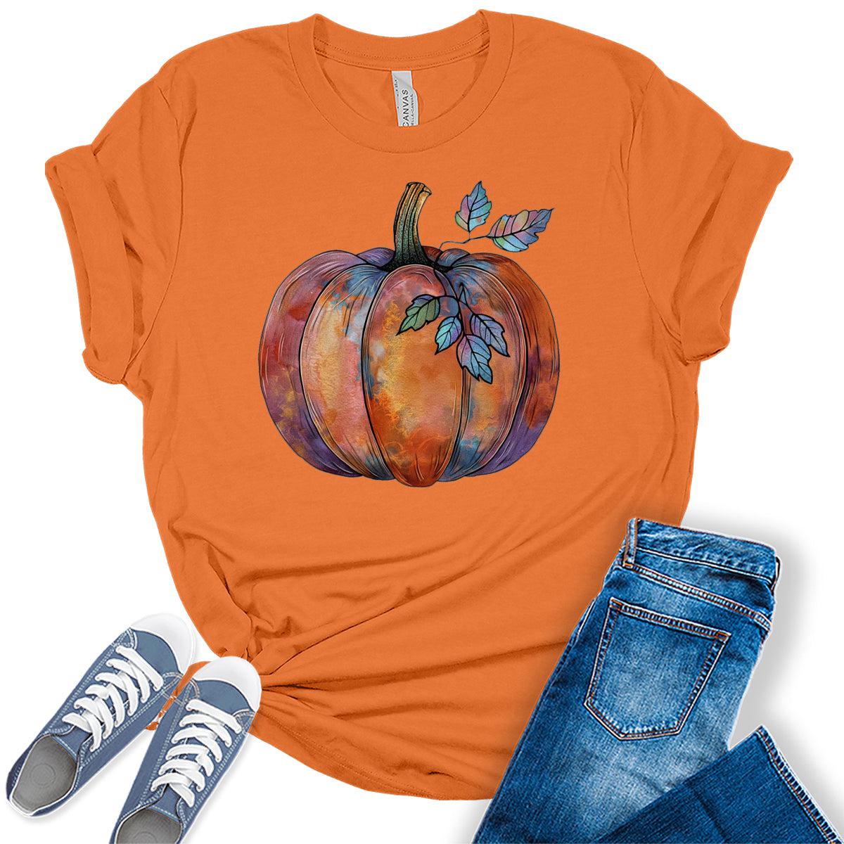 Halloween Pumpkin Shirt Women's Graphic Tees Funny Cute Short Sleeve Fall Shirt Thanksgiving Gift Tops