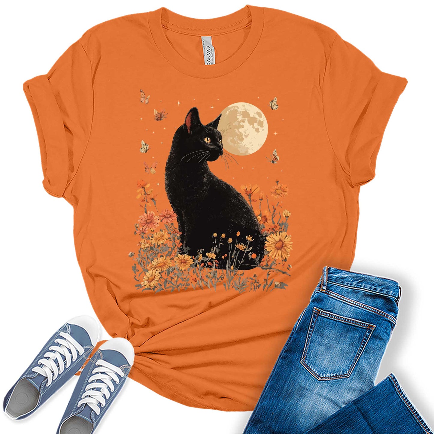 Cottagecore Shirt Vintage Black Cat Tshirts Floral Moon Fall Graphic Tees for Women
