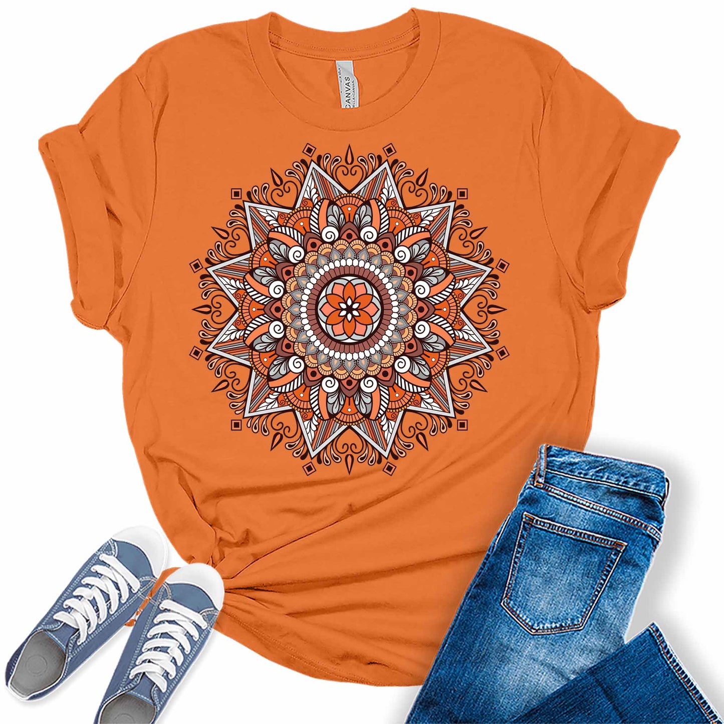 Orange Mandala Shirt Casual Vintage Graphic Tees for Women Short Sleeve Plus Size Summer Tops