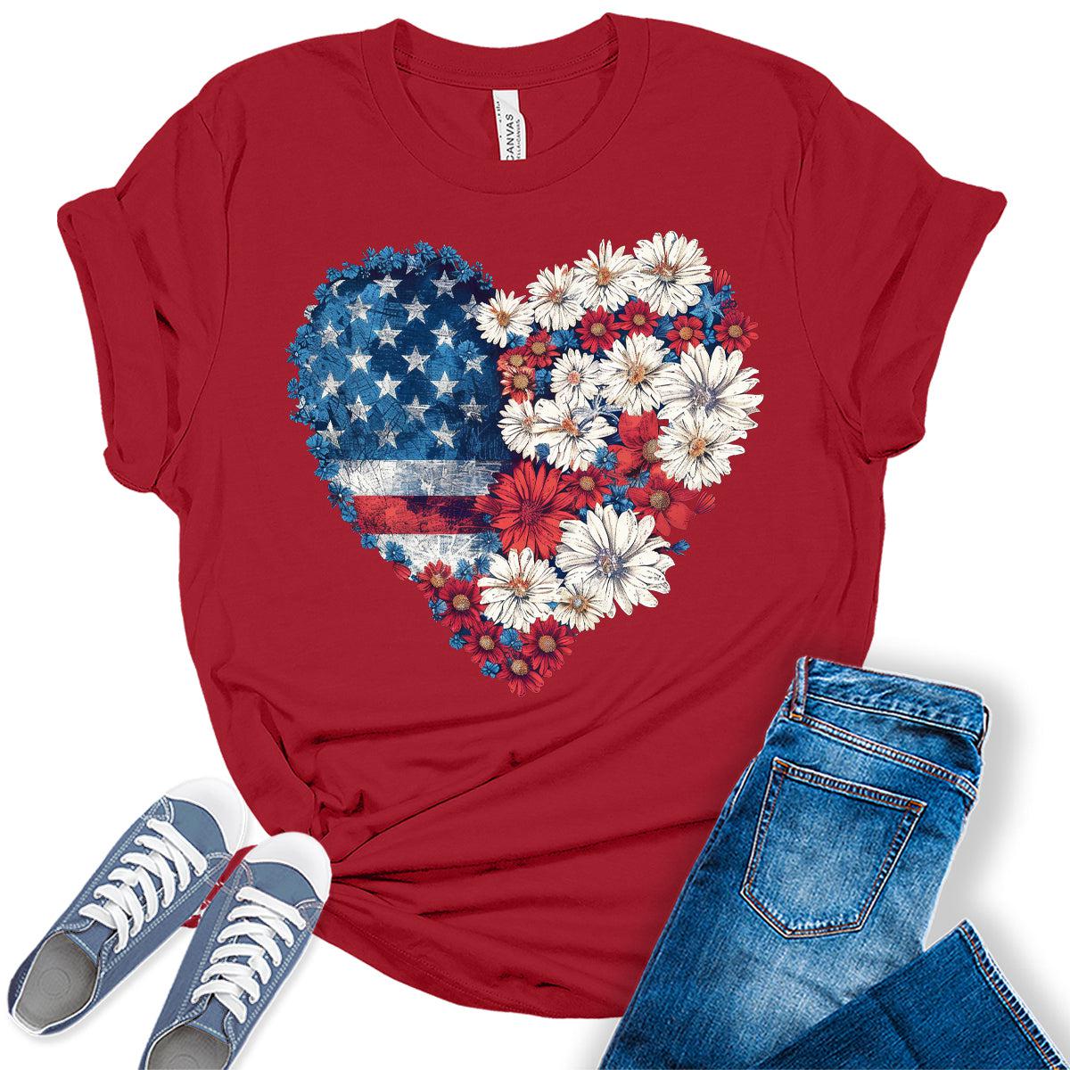 Floral Hearth USA Flag 4th Of July Patriotic Graphic Tees for Women