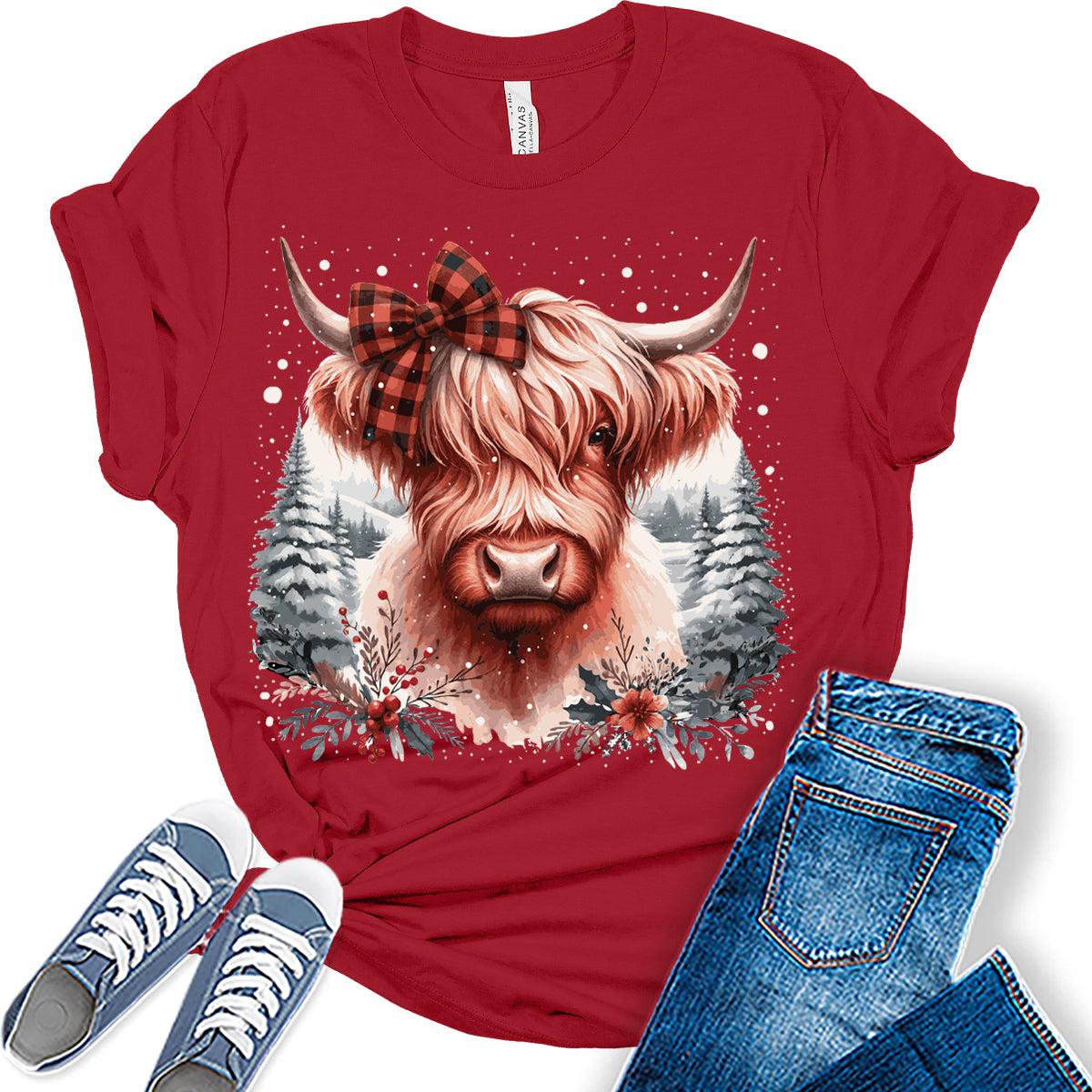 Highland Cow Shirt Buffalo Plaid Tshirt Womens Winter Christmas Graphic Tees