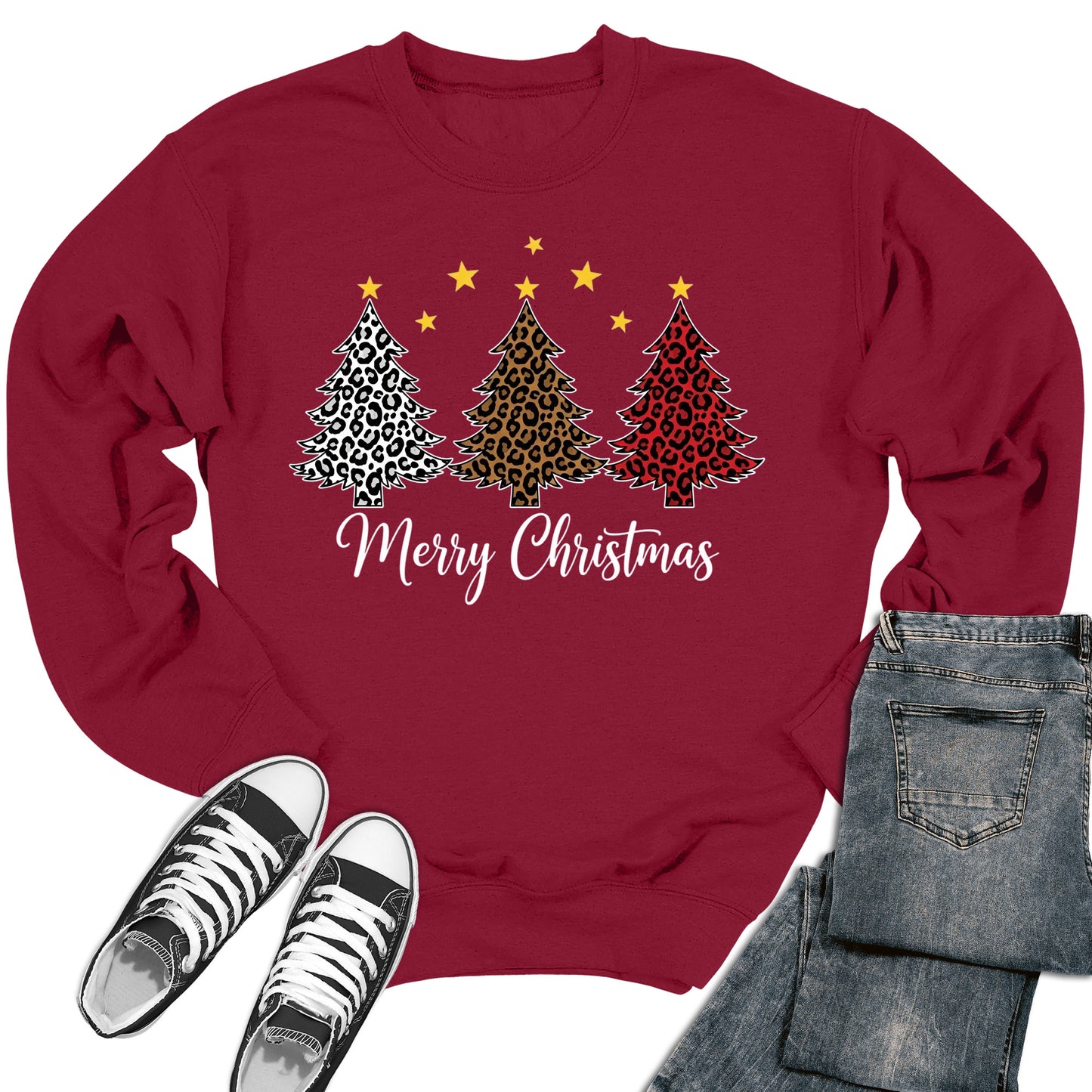 Merry Christmas Sweaters For Women Christmas Tree Leopard Print Holiday Long Sleeve Crewneck Tops