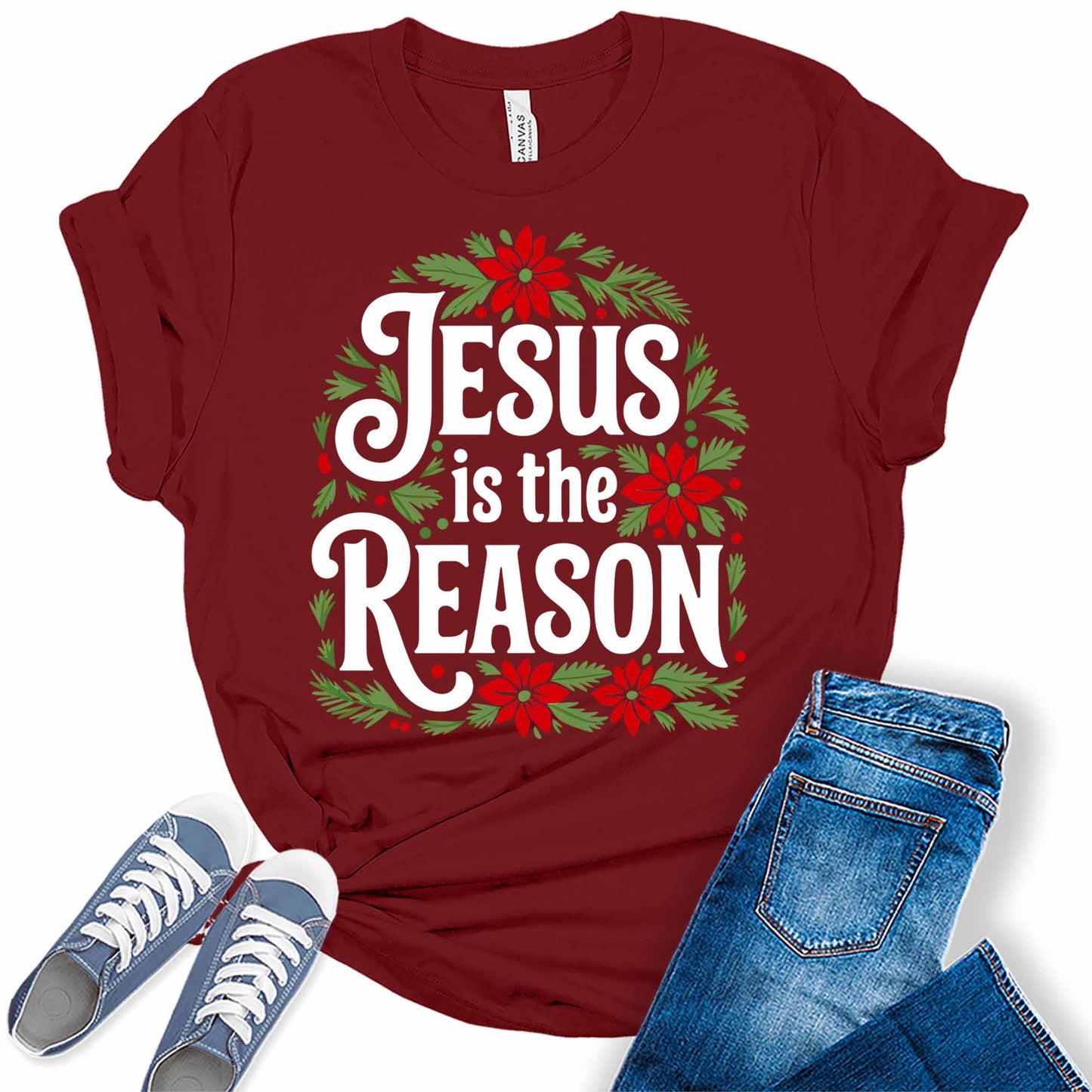 Women's Jesus Is The Reason Christmas Holiday Christian Poinsettia Graphic Tees