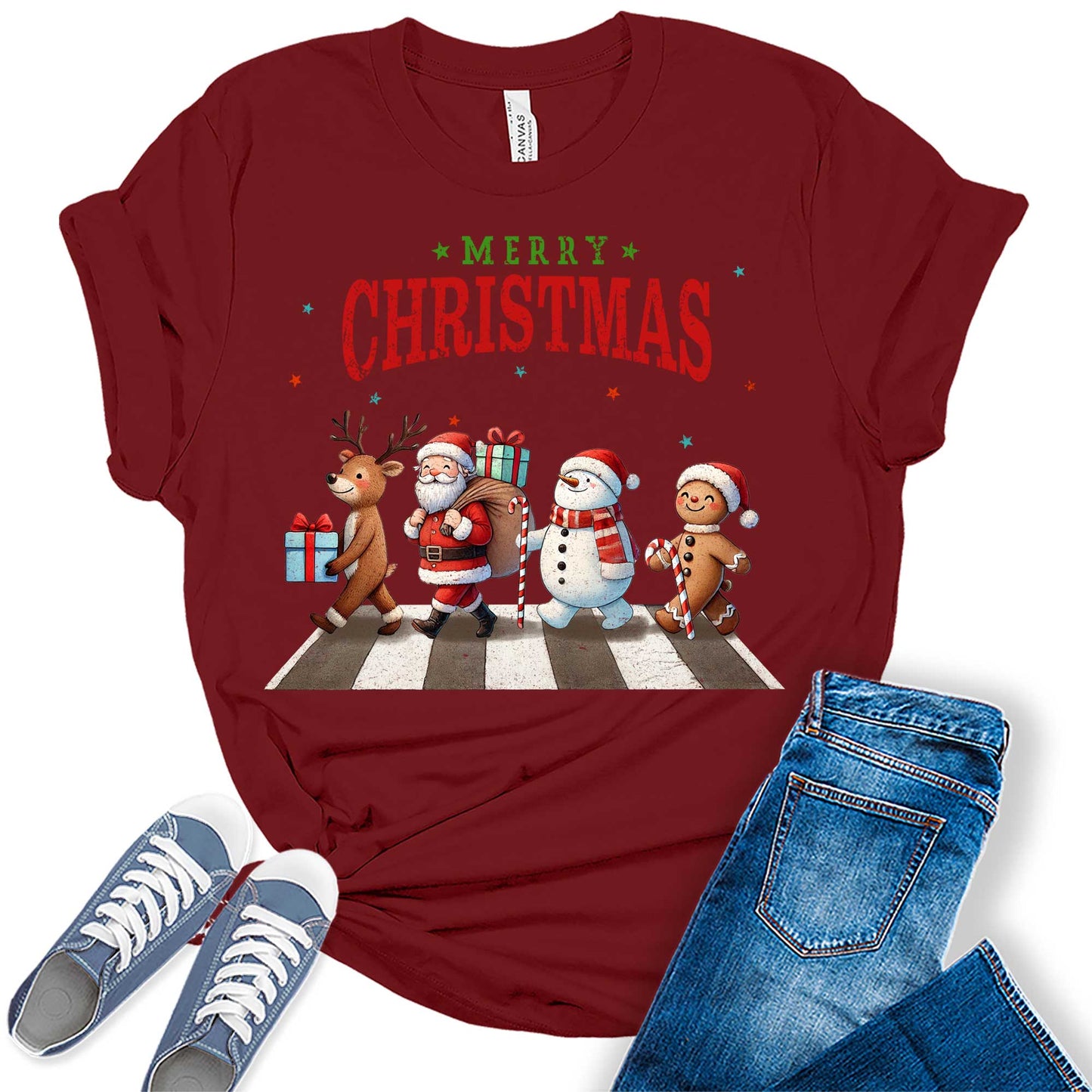 Women's Merry Christmas Shirt Festive Holiday Letter Print Graphic Tees
