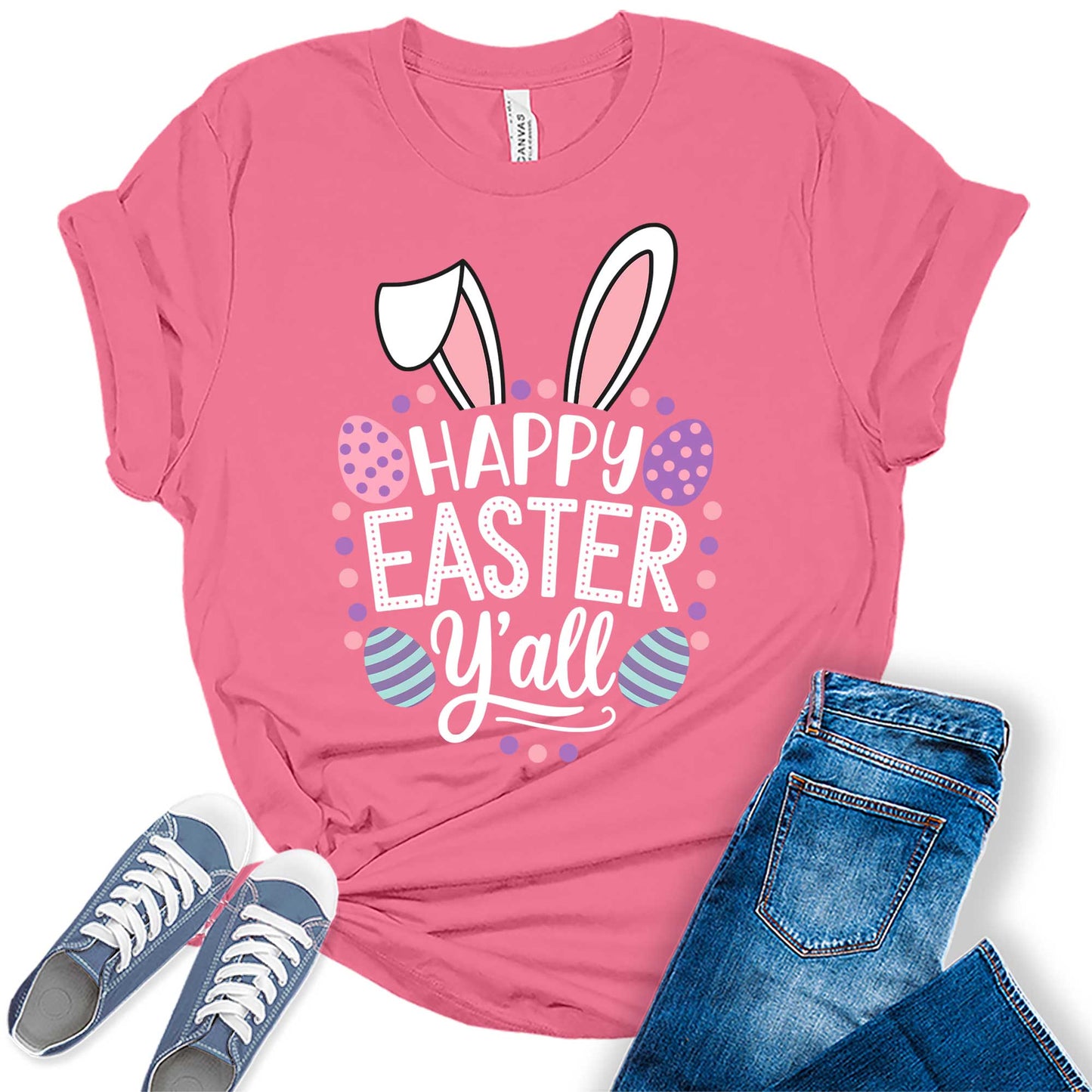 Women's Happy Easter Y'all Cute Bunny Trendy Casual Graphic Tees Bella Plus Sized Tops