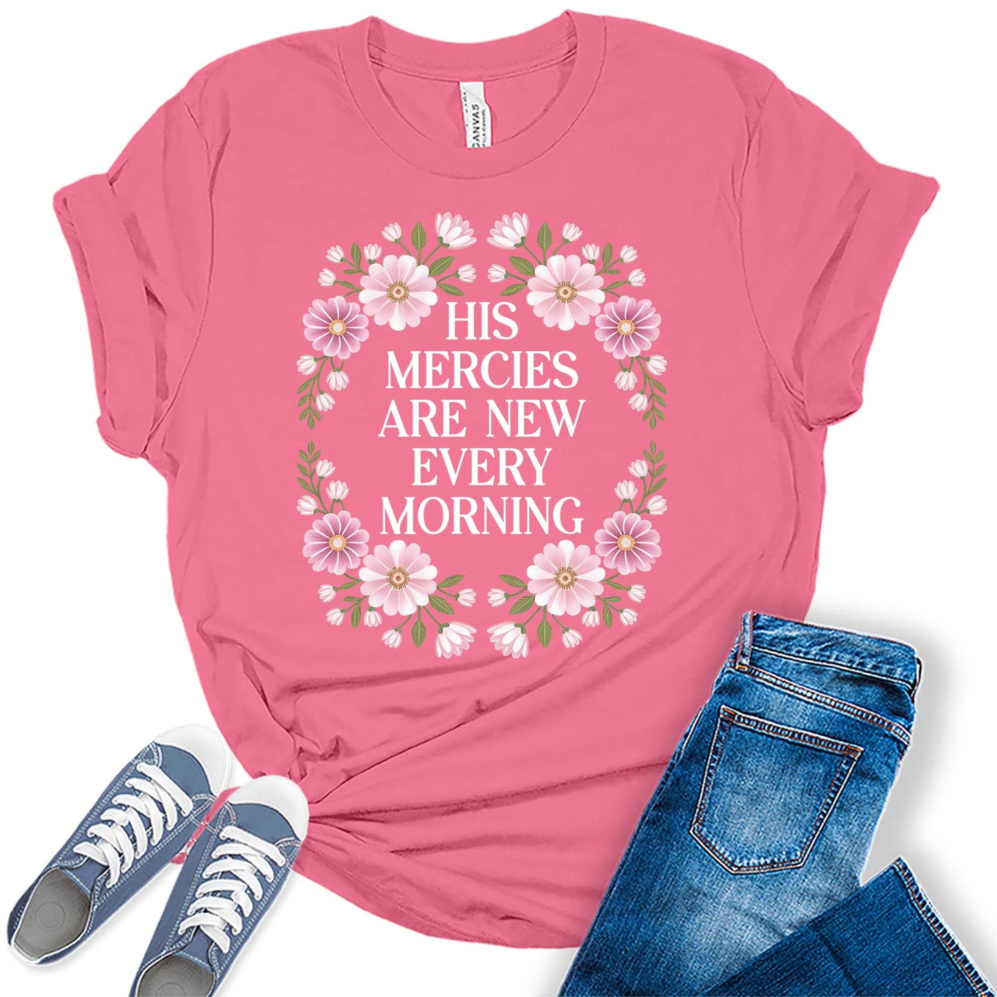 Women's His Mercies Are New Cute Trendy Faith Shirts Christian Casual Graphic Tees Bella Plus Sized Tops