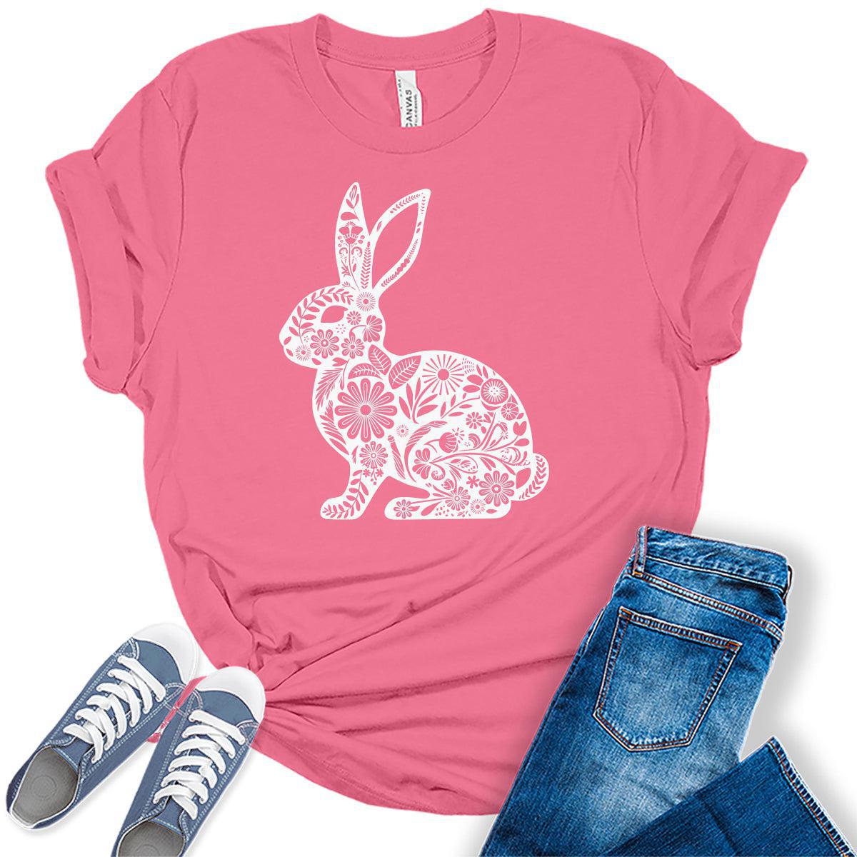 Easter Shirts for Women Cute Floral Bunny Casual Graphic Tees Bella Plus Sized Tops