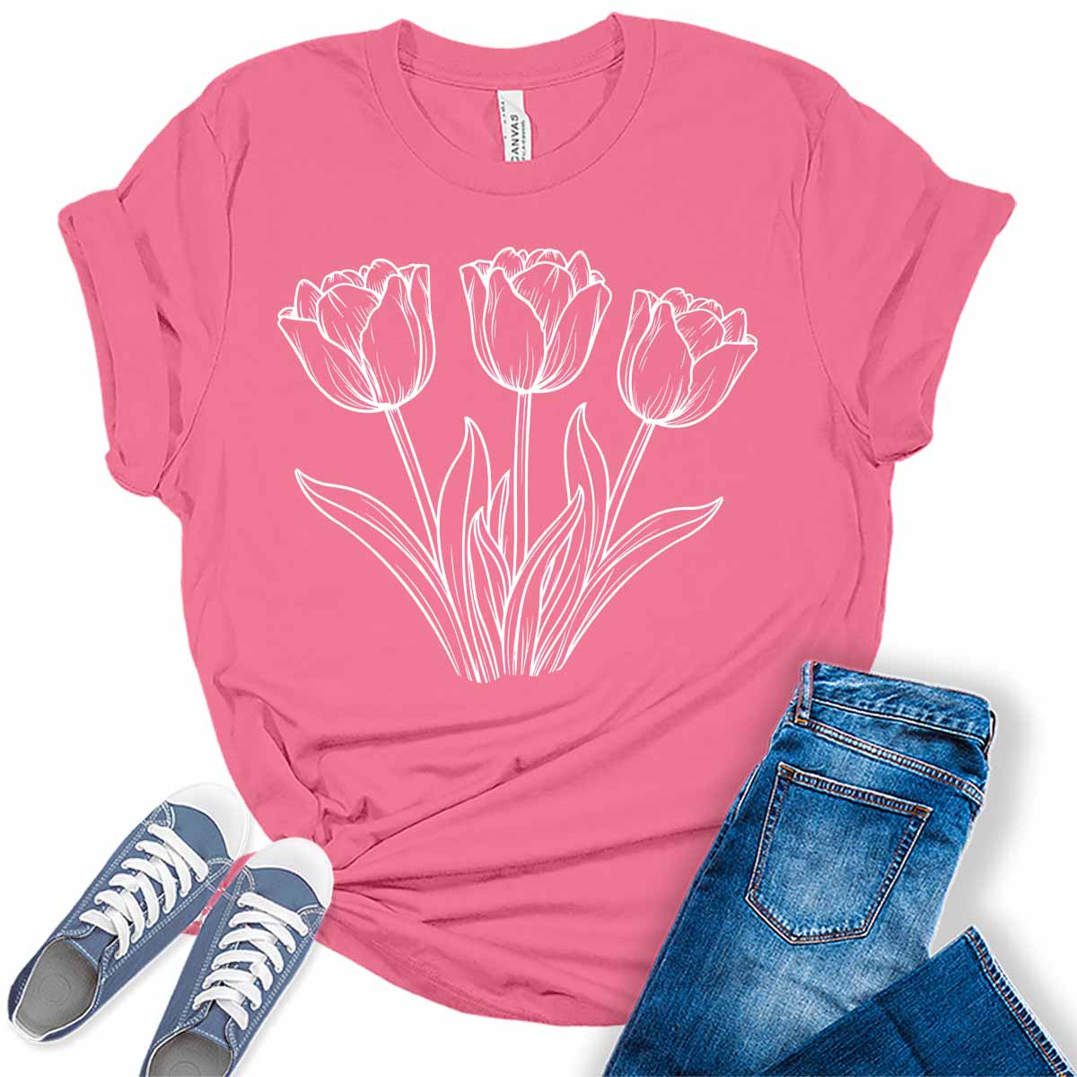 Womens Tulip Shirts Casual Ladies Cute Floral Graphic Tees Spring Short Sleeve T Shirts Plus Size Summer Tops for Women