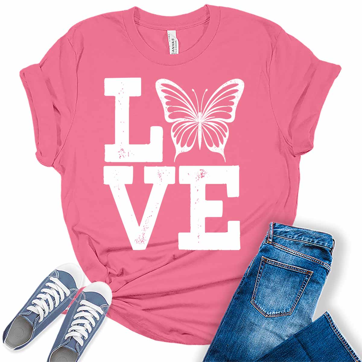 Love Shirt Cute Butterfly T Shirt Letter Print Graphic Tees for Women Summer Tops