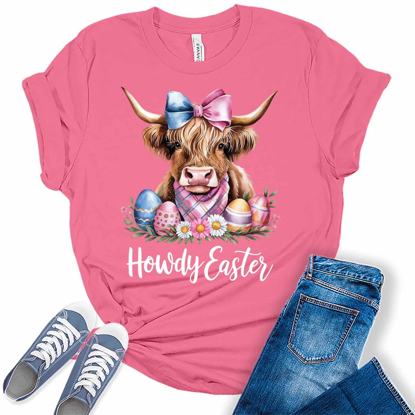 Women's Highland Cow Howdy Easter Shirt Cute Trendy Casual Graphic Tees Bella Plus Sized Tops