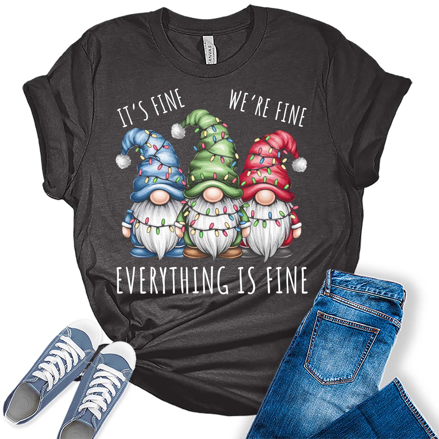 Women's I'm Fine We're Fine Everything Is Fine Christmas Gnomes Graphic Tees