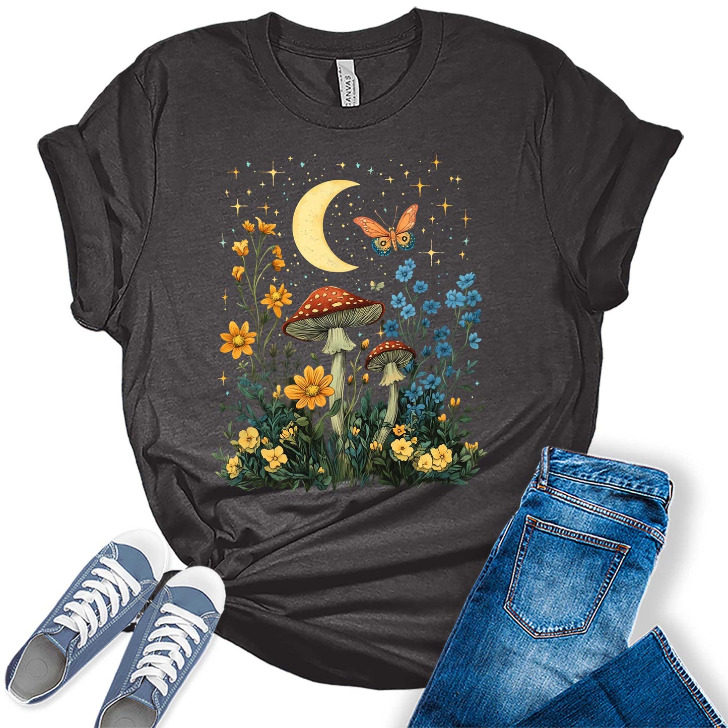 Womens Floral Shirts Wildflower Mushroom Graphic Tees Spring Butterfly Short Sleeve Cottagecore T Shirts Bella Summer Tops
