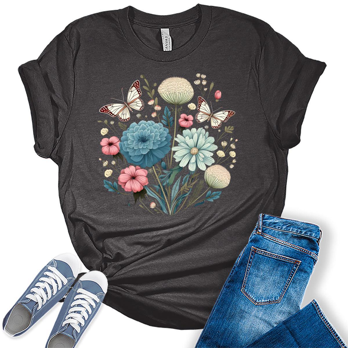 Women's Flower Vintage Summer Butterfly Shirts Cottagecore Cute Trendy Casual Graphic Tees Bella Plus Sized Tops