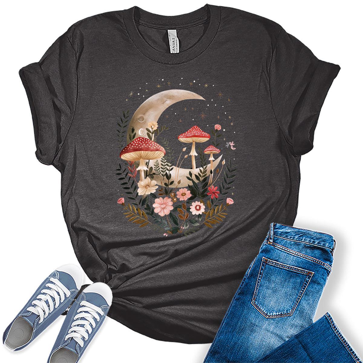 Womens Mushroom Shirts Wildflower Vintage Moon Graphic Tees Spring Cottagecore T Shirts Bella Summer Tops