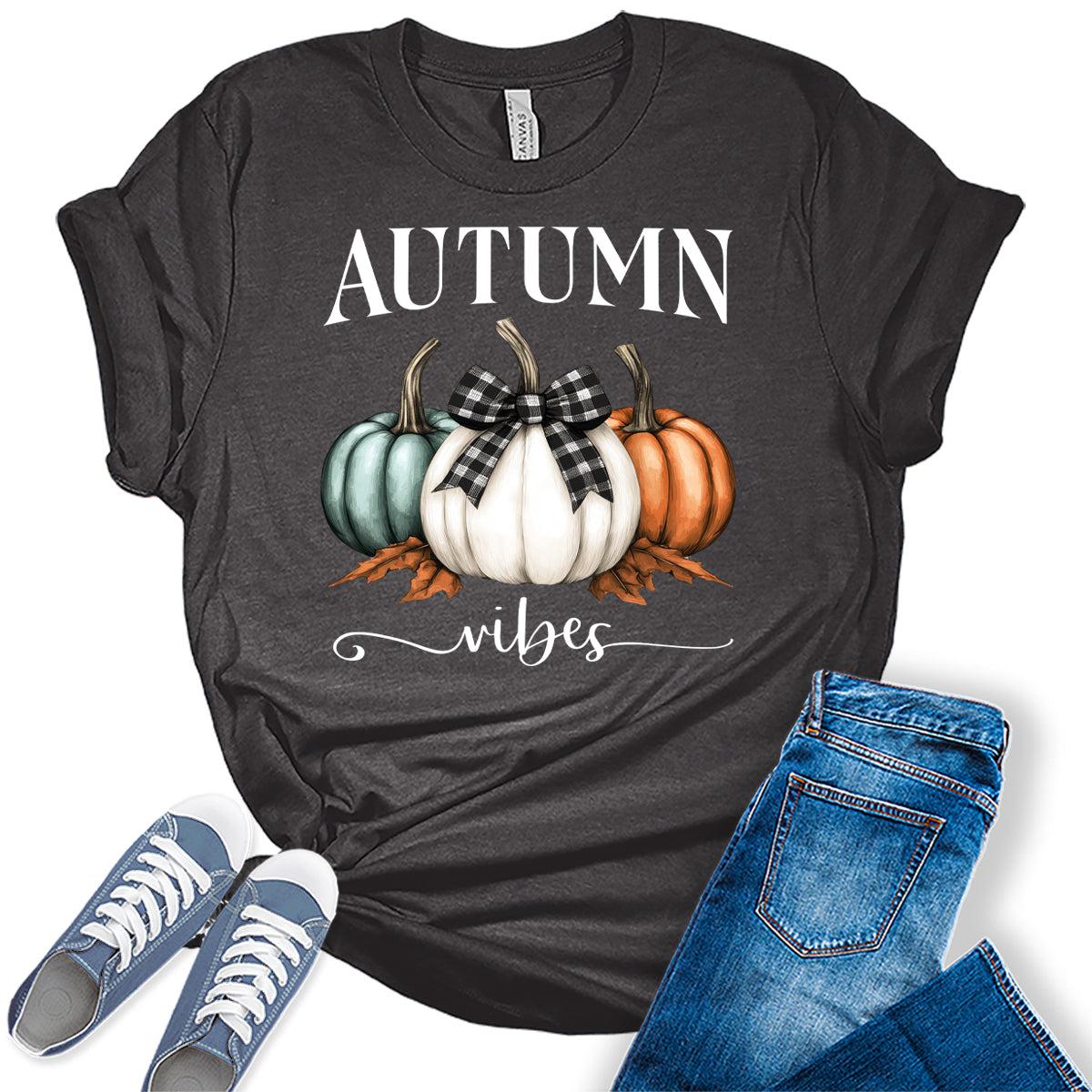Women's Autumn Fall Pumpkin Vintage Tshirt Cottagecore Thanksgiving Graphic Tee Halloween Shirts Tops