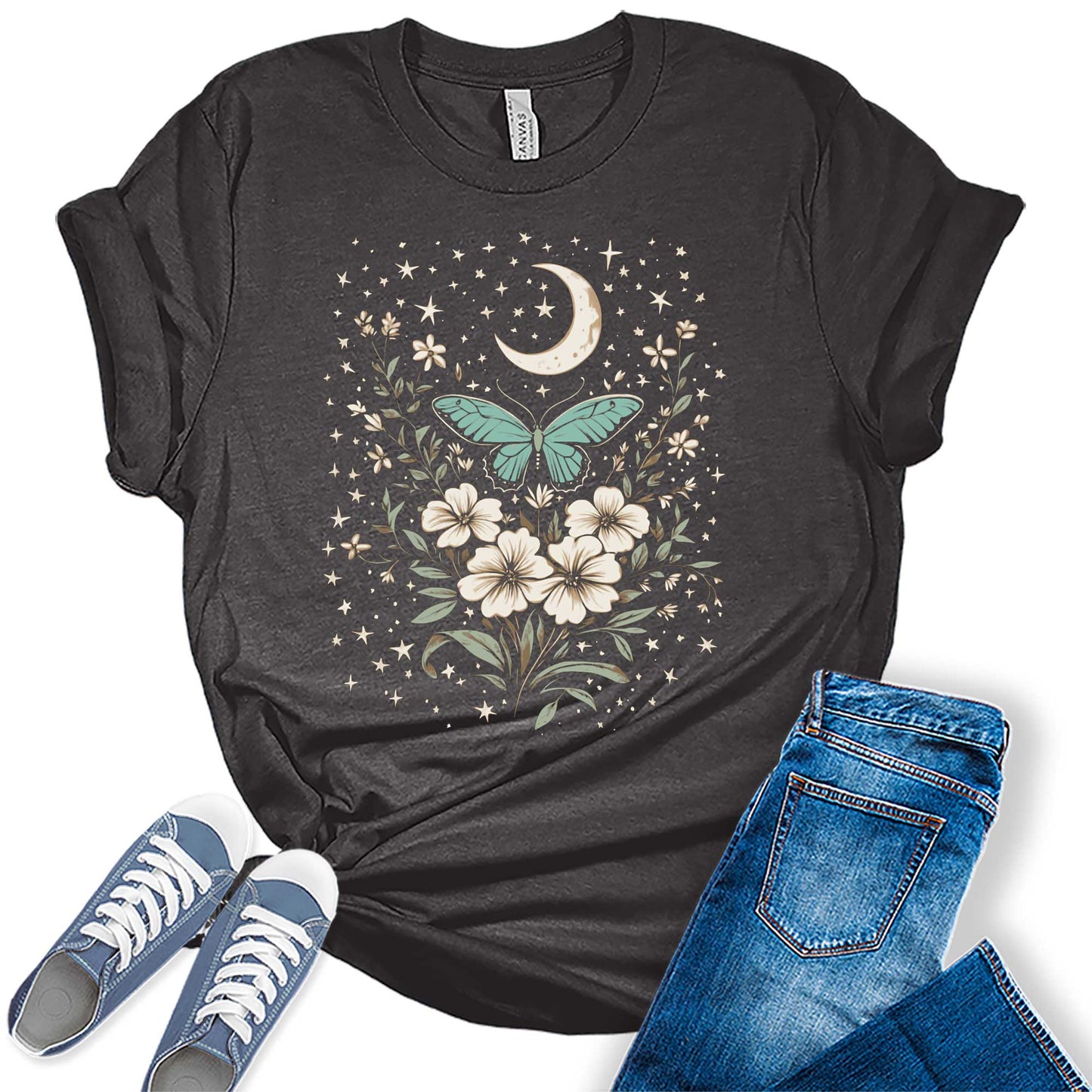 Womens Floral Shirts Flower Vintage Moth Moon Stars Graphic Tees Spring Cottagecore T Shirts Bella Summer Tops