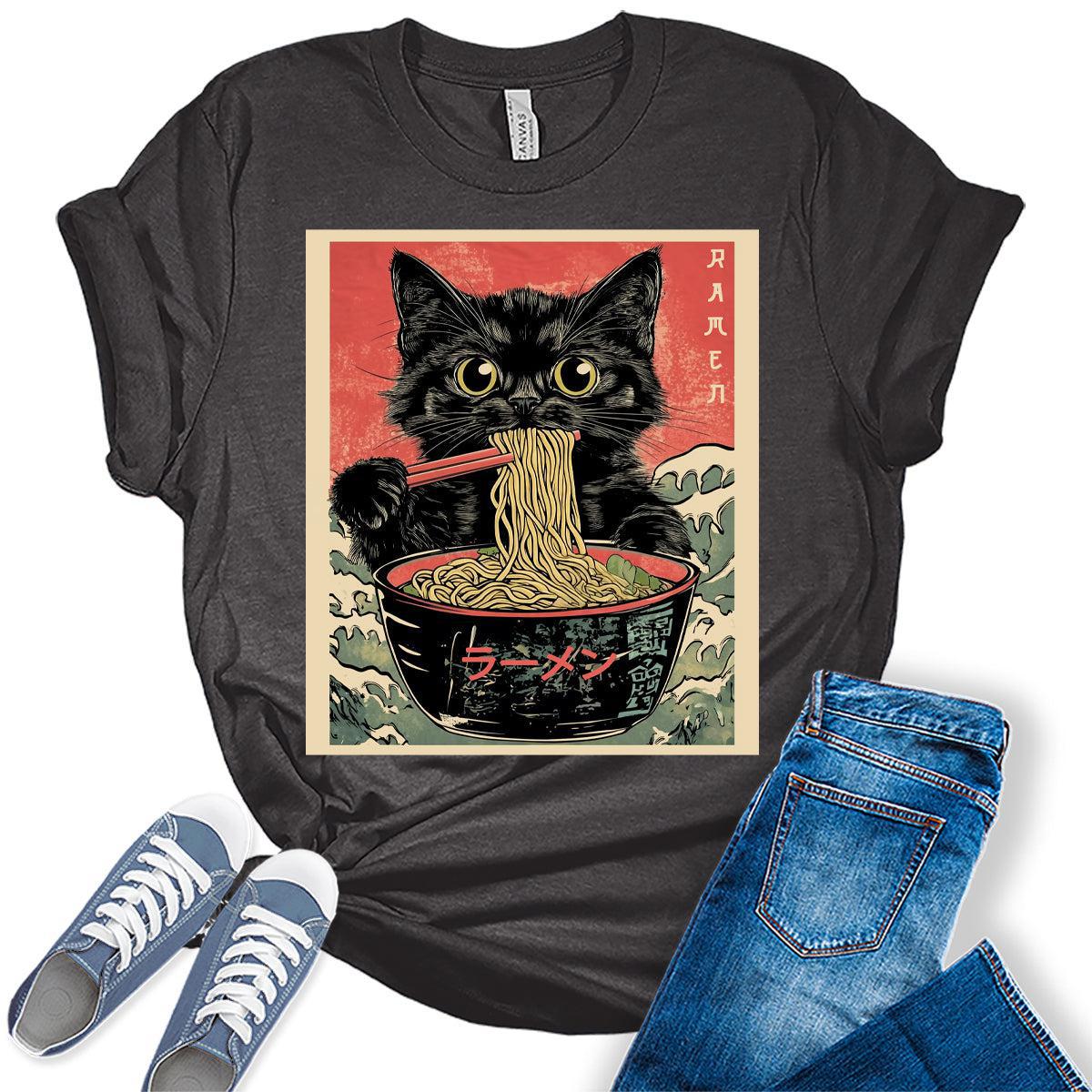 Cat Ramen Japanese Funny Graphic Tees Kawaii Cat Anime Gifts Women's T-Shirt