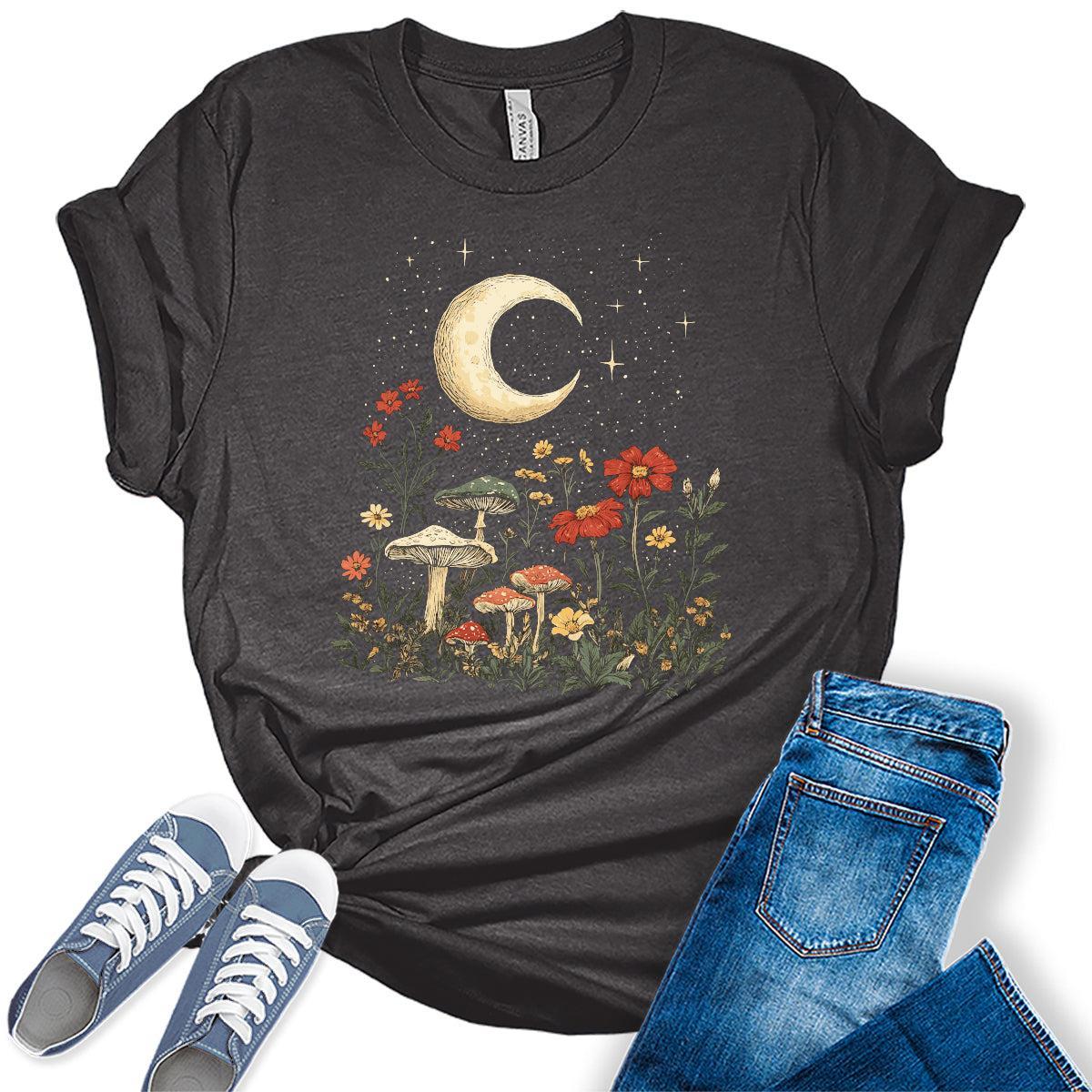 Womens Floral Shirts Wildflower Vintage Mushroom Graphic Tees Spring Short Sleeve Cottagecore T Shirts Bella Summer Tops