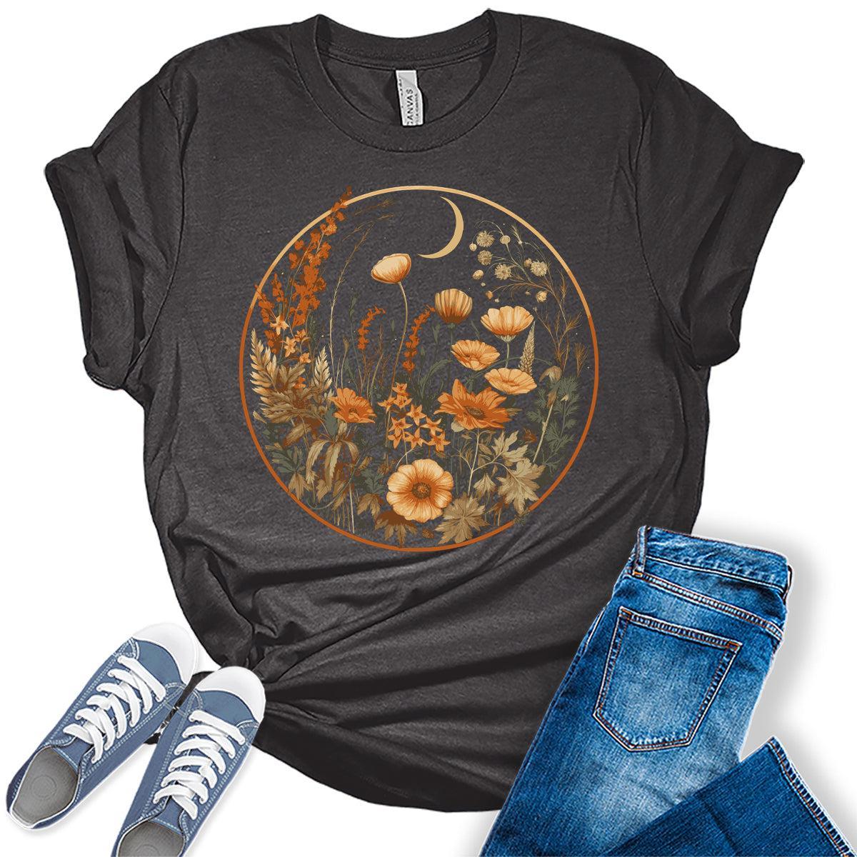 Floral Shirts Womens Graphic Tees Vintage Wildflower Moon Spring Cottagecore T Shirts Bella Summer Tops