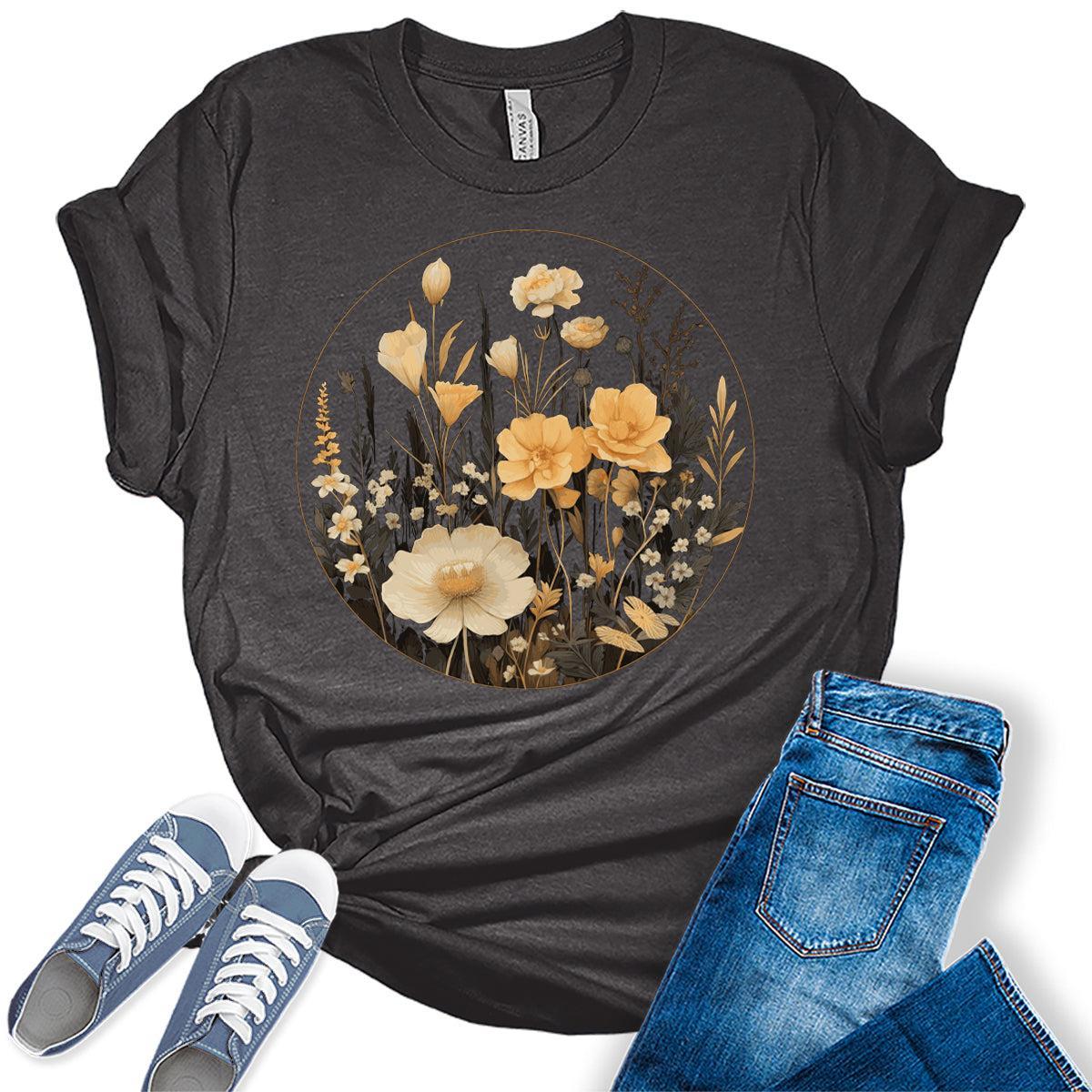 Floral Shirts Womens Graphic Tees Vintage Wildflower Spring Cottagecore T Shirts Bella Summer Tops