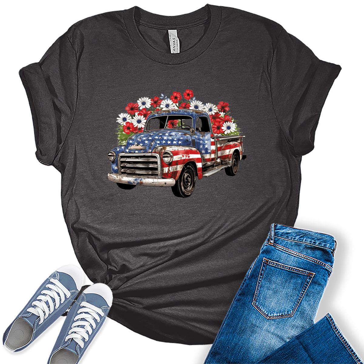 Vintage Truck Patriotic American Flag Graphic Tees for Women