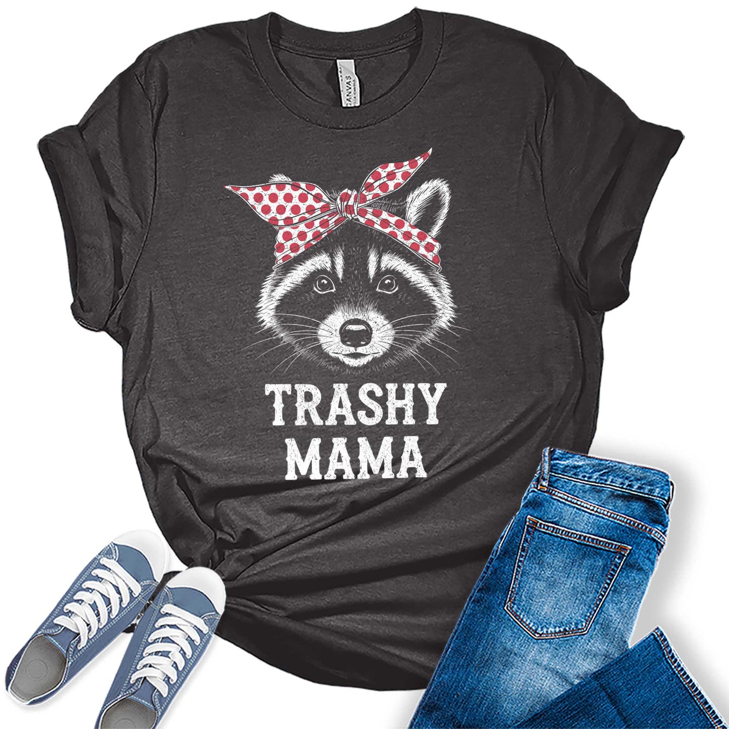 Womens Mama Shirt Trashy Raccoon Mom Vintage Summer Casual Graphic Tees Bella Plus Sized Tops
