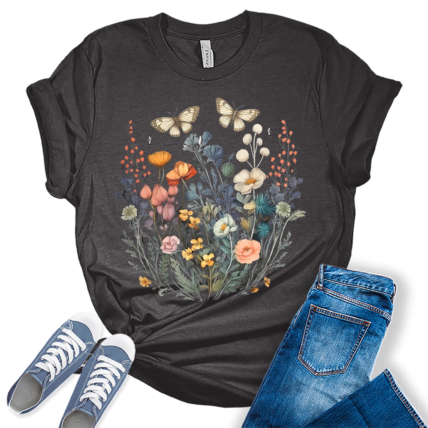 Women's Vintage Floral T Shirt Boho Wildflower Butterfly Cottagecore Graphic Tees Short Sleeve Casual Tops