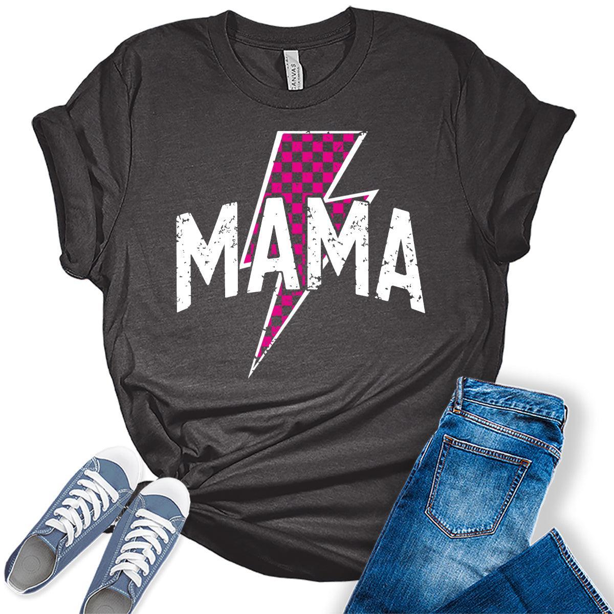 Women's Mama Shirt Lightning Bolt Checkered Varsity Mom Women Mother's Day T-Shirt Casual Graphic Tees Bella Plus Sized Tops