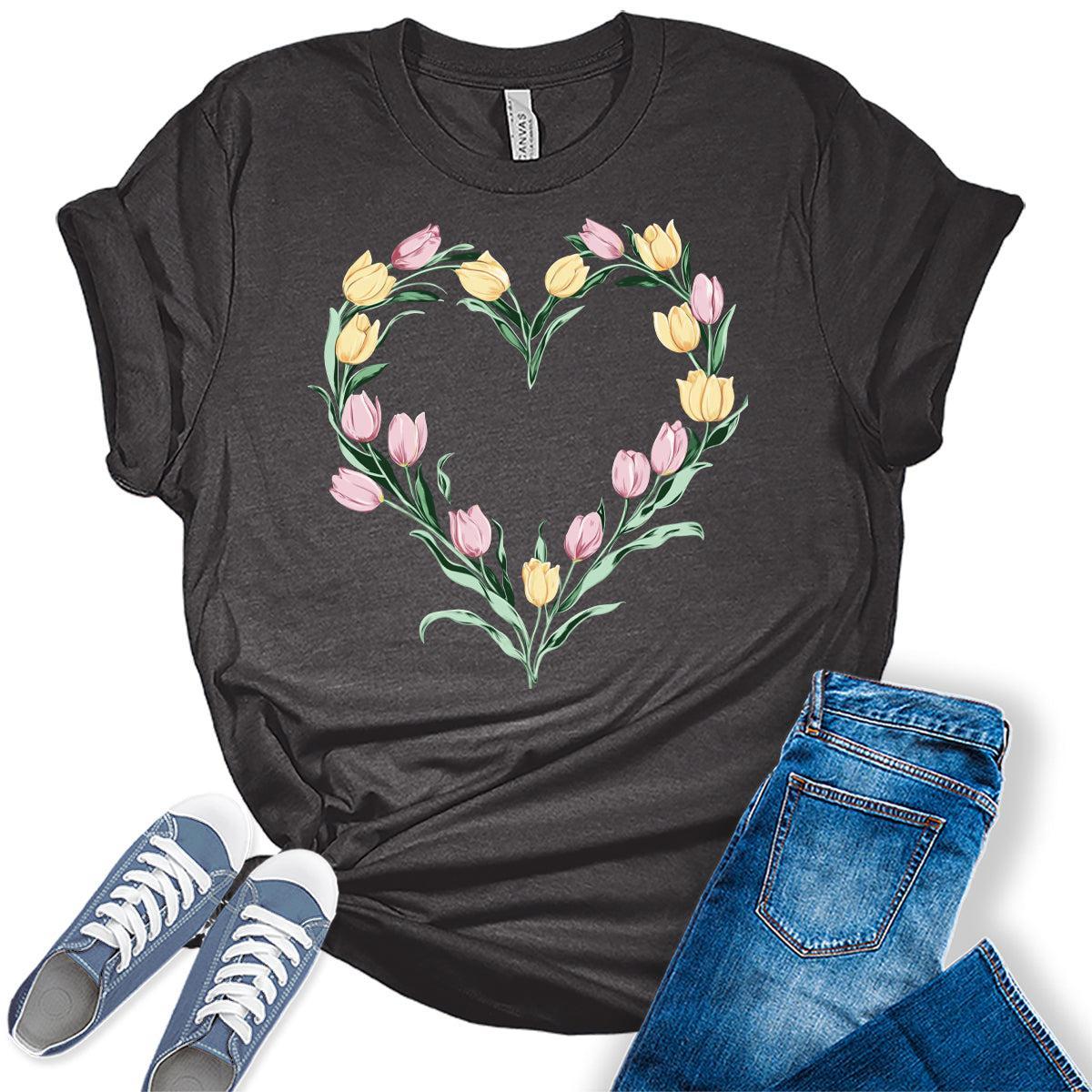 Womens Floral Heart Shirts Vintage Tulip Graphic Tees Spring Cottagecore T Shirts Bella Summer Tops