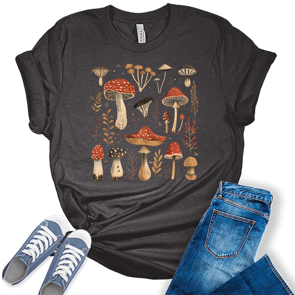 Women's Vintage Summer Mushroom Shirts Cottagecore Cute Trendy Casual Graphic Tees Bella Plus Sized Tops