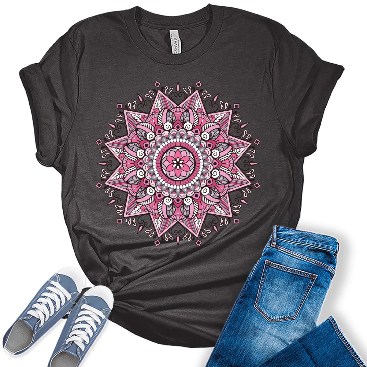 Pink Mandala Shirt Casual Vintage Graphic Tees for Women Short Sleeve Plus Size Summer Tops