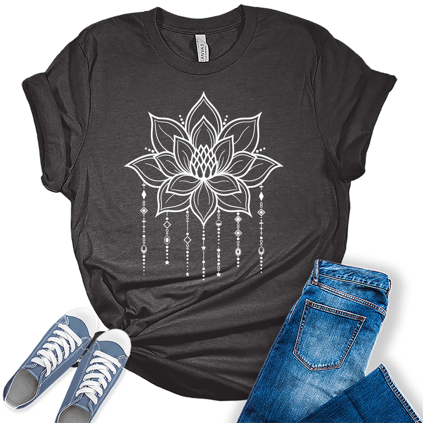 Mandala Shirt for Women Lotus Flower Graphic Tees Short Sleeve Casual Trendy T Shirts Tops
