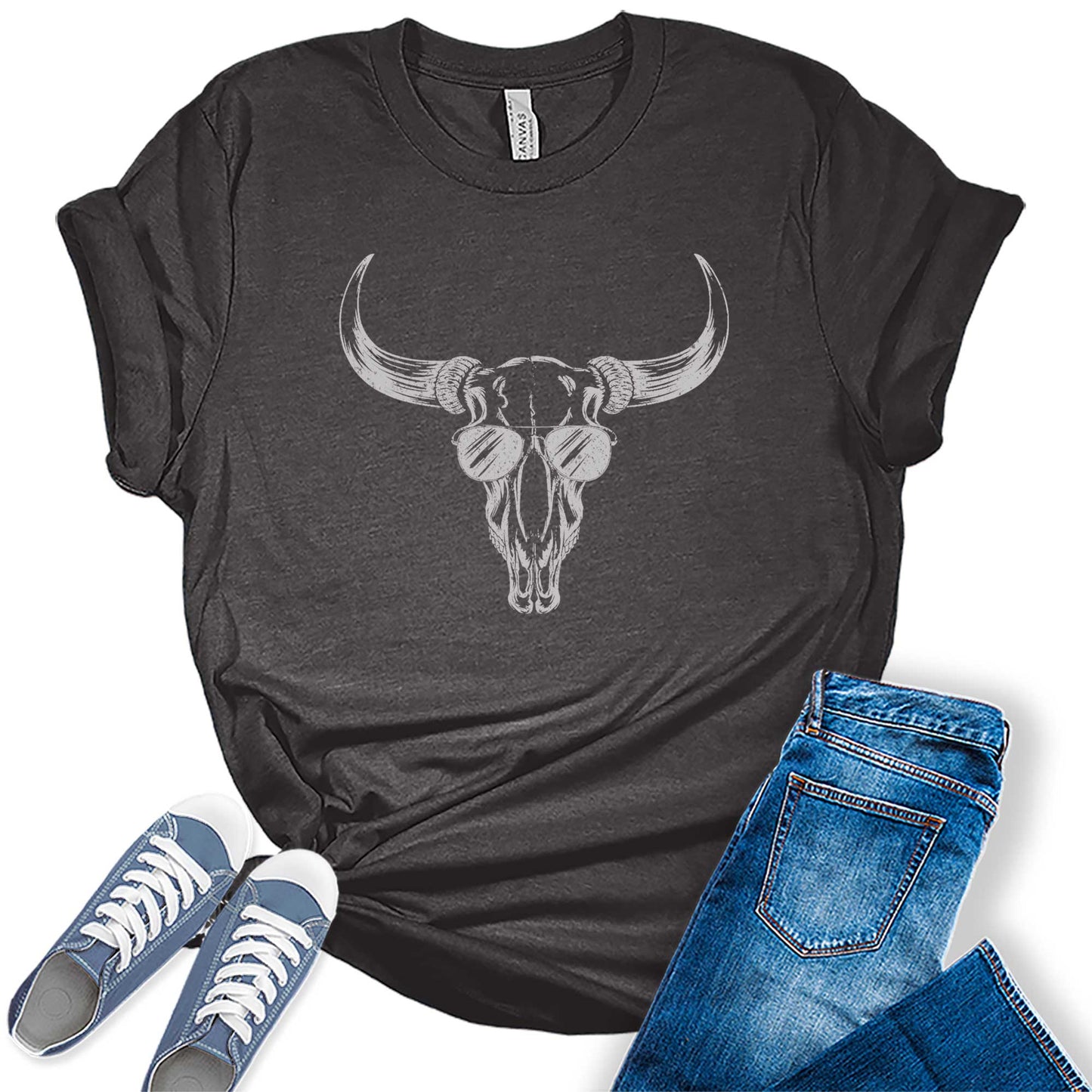 Western Outfit T Shirts Summer Country Rodeo Bull Skull With Sunglasses Graphic Tees Bella Plus Size Tops For Women