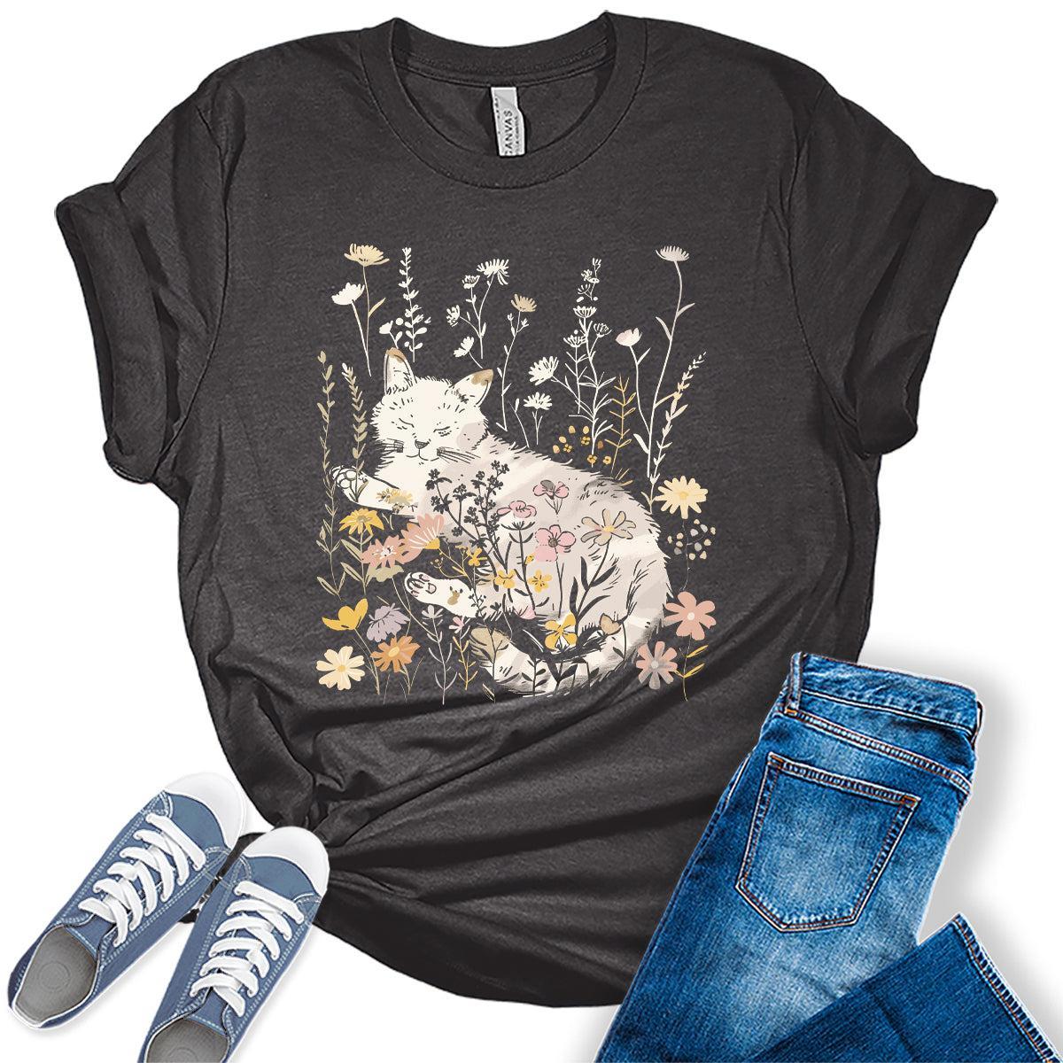 Women's Cat Shirt Wildflower Vintage Casual Graphic Tees Bella Plus Sized Tops
