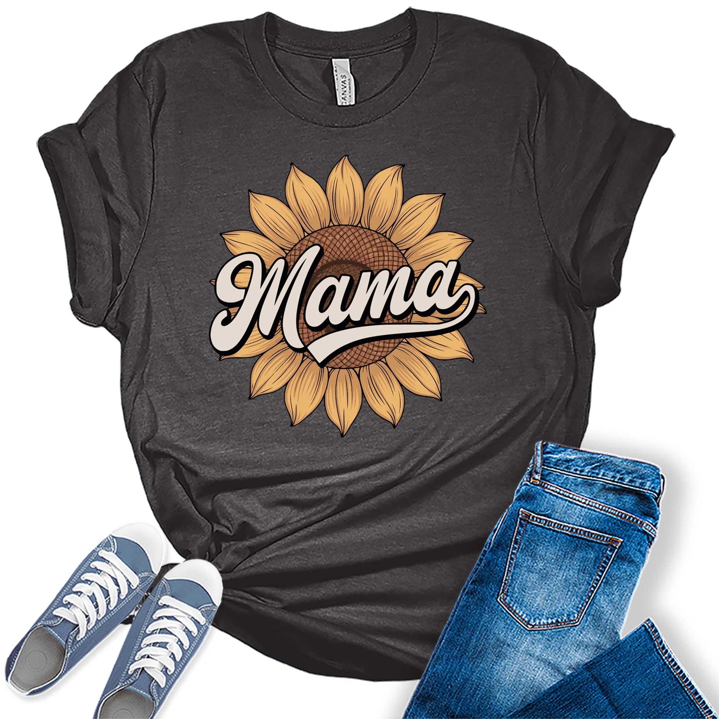 Women's Retro Mama Sunflower Floral Summer Vintage Casual Graphic Tees Bella Plus Sized Tops