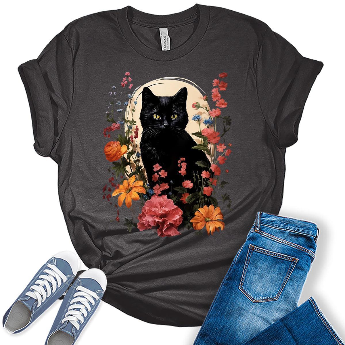 Womens Cat Shirts Wildflower Vintage Spring Graphic Tees Spring Cottagecore T Shirts Bella Summer Tops